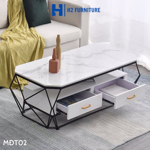 Bàn trà chữ nhật sofa H2 FURNITURE khung kim loại mặt đá, bàn 2 tầng có ngăn kéo cho phòng khách, phòng chờ