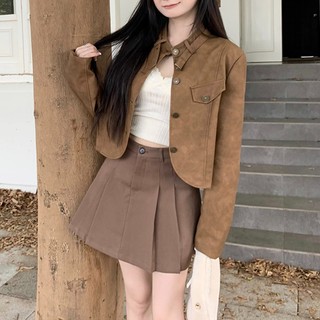 Áo khoác da ngắn màu nâu phong cách retro thời trang mùa thu cho nữ