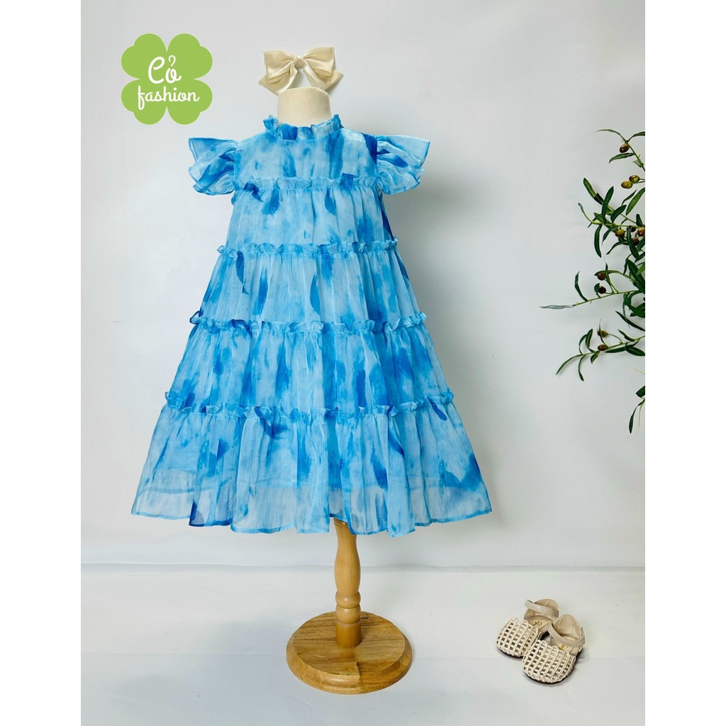 Váy tơ cho bé gái loang màu cổ thắt nơ siêu nhẹ siêu xinh Cỏ fashion
