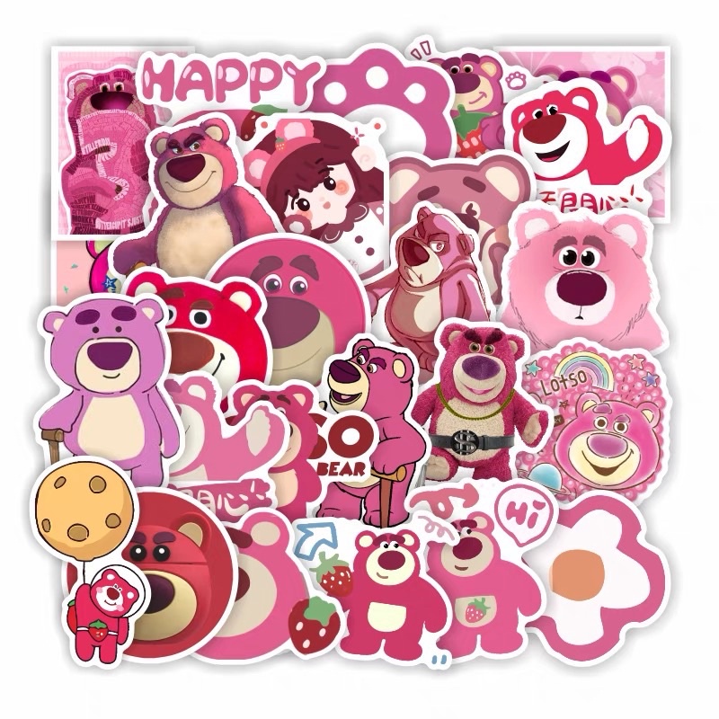 PVN61318 Combo 50 miếng Sticker Gấu Dâu LOTSO Hồng Siêu Dễ Thương