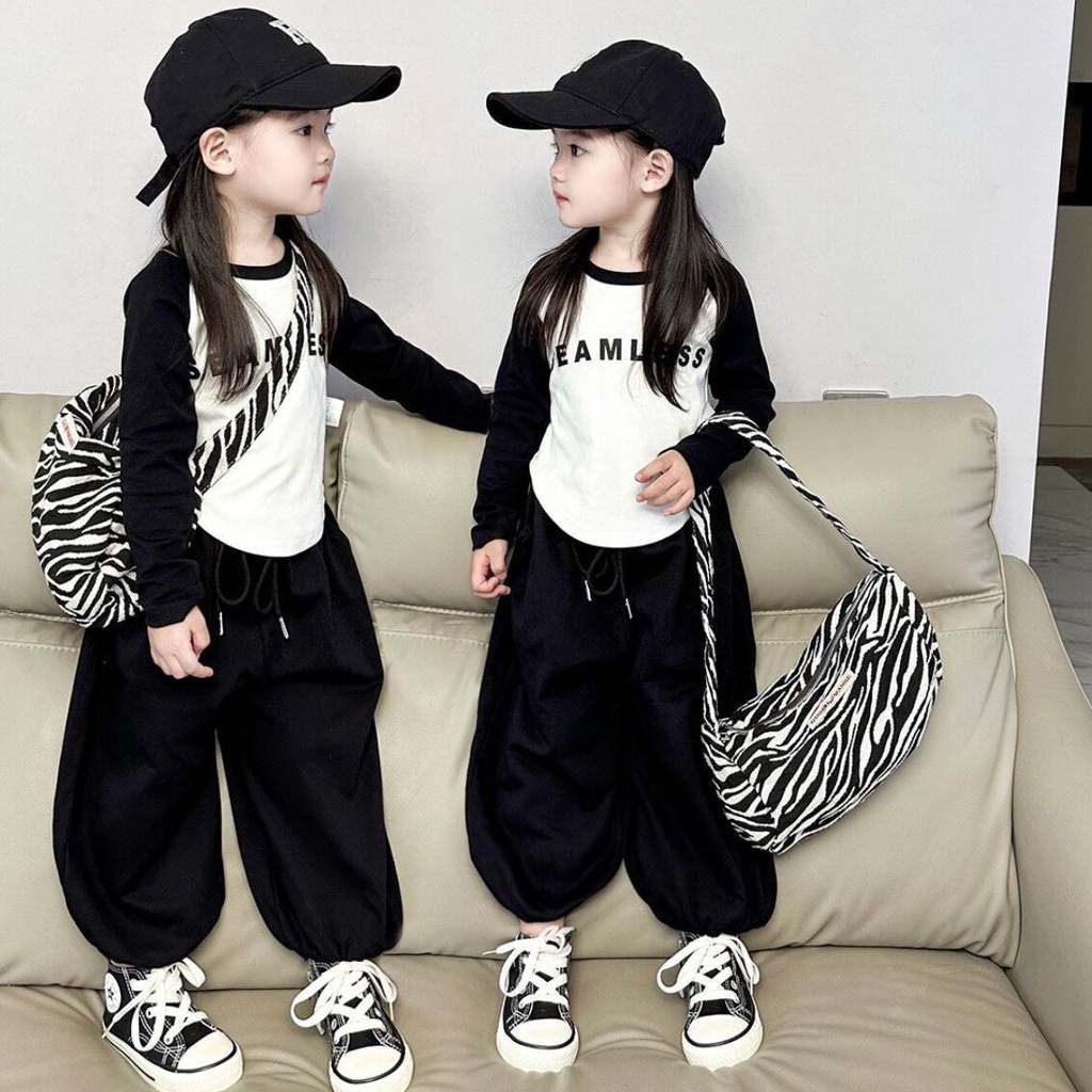 Aiyaya quần áo bé gái Áo thun dài tay + quần dài Phong cách mới mùa thu thời trang trẻ em Đơn giản và thoải mái