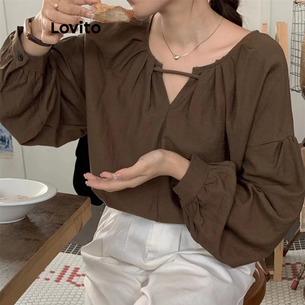Lovito Áo kiểu tay áo có ren đơn giản có ren cut out Ruffle Bishop dành cho nữ LNE29469