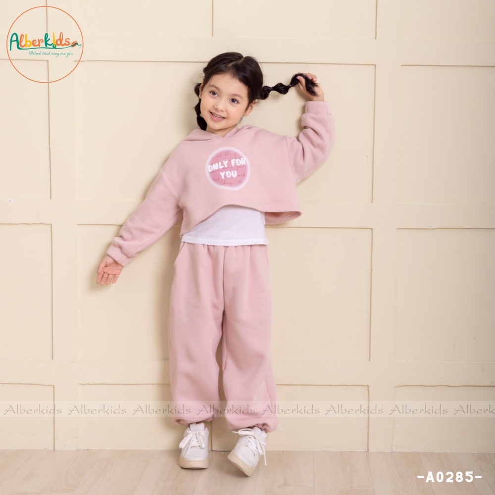 Bộ đồ nỉ Croptop bé gái ALBERKIDS màu hồng xinh xắn cho trẻ em 2,3,4,5,6,7,8,9,10,11,12 tuổi [A0285]