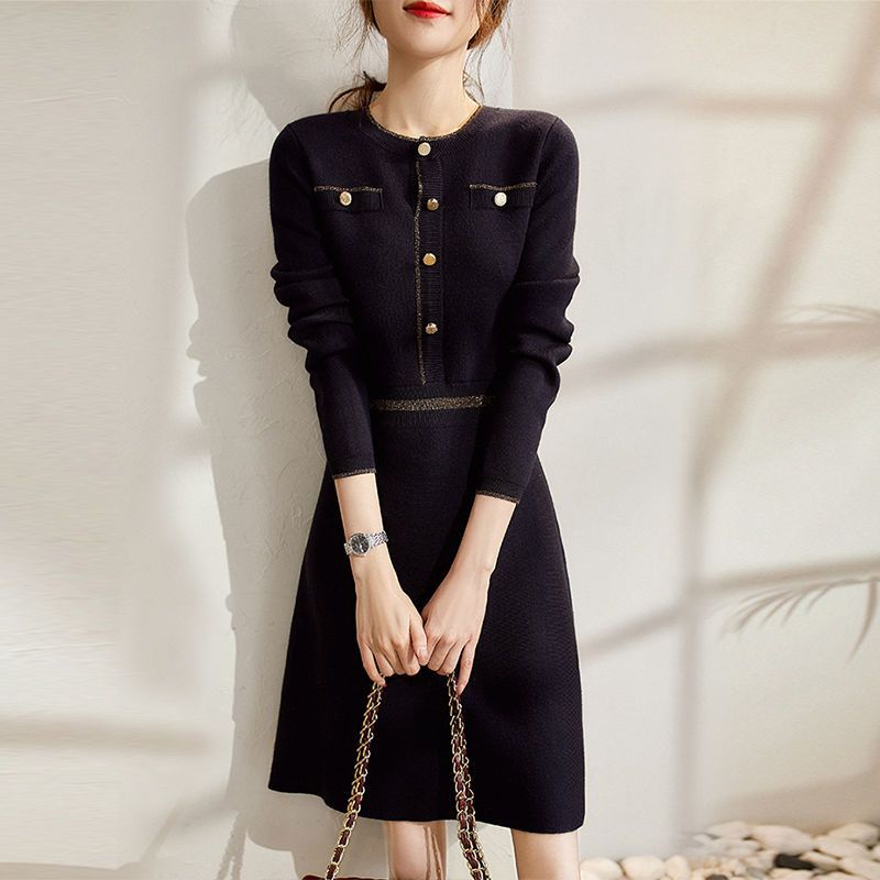 Đầm sweater Dệt Kim Dáng Chữ a Màu Đen Thời Trang Xuân Thu Cho Nữ