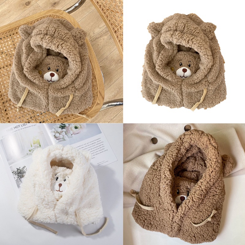 Mũ Len Cừu Kèm Khẩu Trang Che Mặt Chống Lạnh Hình Gấu Dễ Thương Phong Cách Hàn Quốc