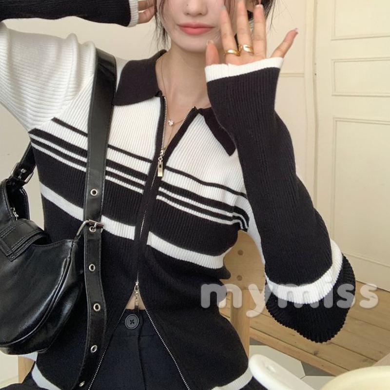 Mymiss1-áo cardigan Dệt Kim Tay Dài Dáng Ôm In Họa Tiết Sọc Màu Tương Phản Có Khóa Kéo Thời Trang Xuân Thu Cho Nữ