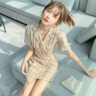 Kdkdp Đầm Cổ Vest Họa Tiết Sọc Caro Phong Cách vintage Pháp