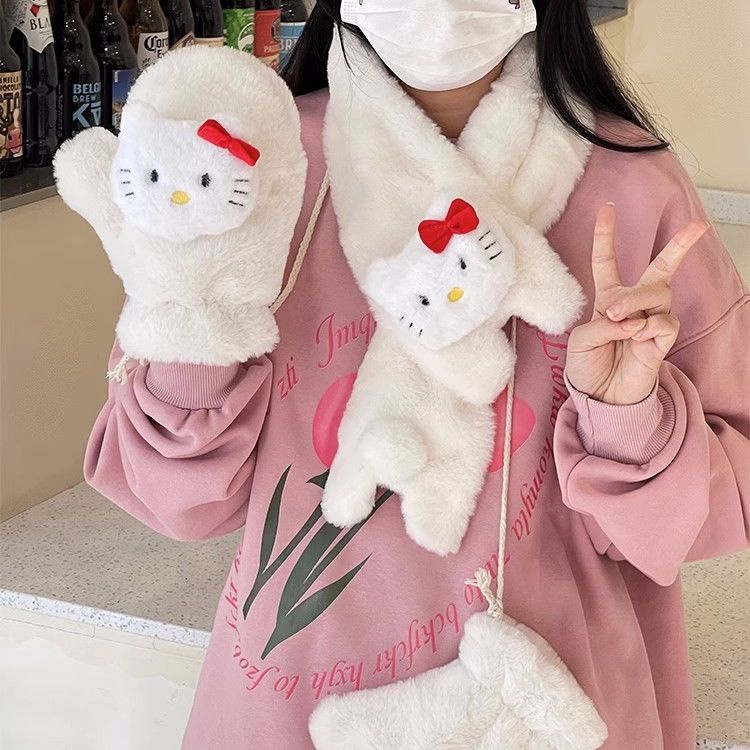 SANRIO  Găng Tay cotton Che Phủ Toàn Diện Họa Tiết Hoạt Hình hellokitty Dễ Thương Mùa Đông Quà Tặng Cho Bạn Gái / Bé Gái Khăn Quàng Cổ Khăn Quàng
