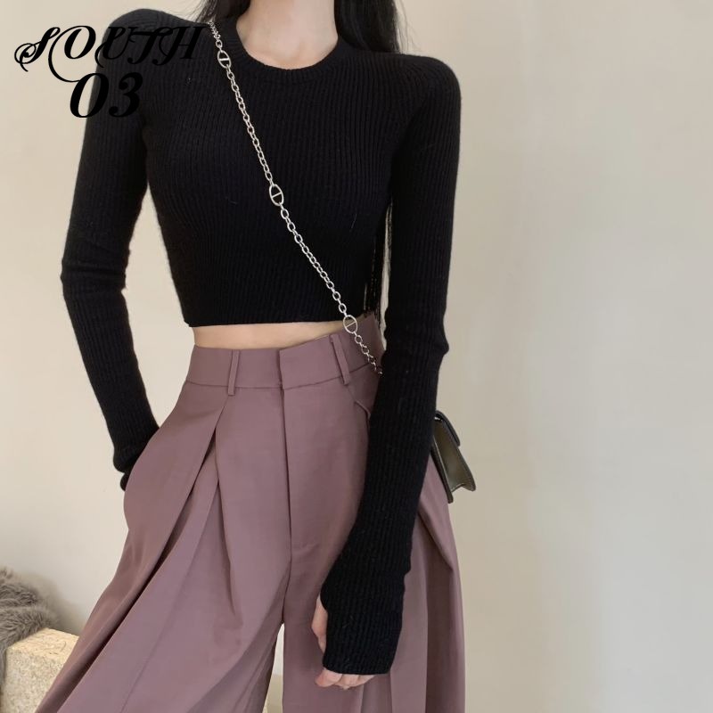 Áo sweater Cổ Tròn Màu Sắc Đơn Giản Cho Nữ Áo Croptop Áo Len
