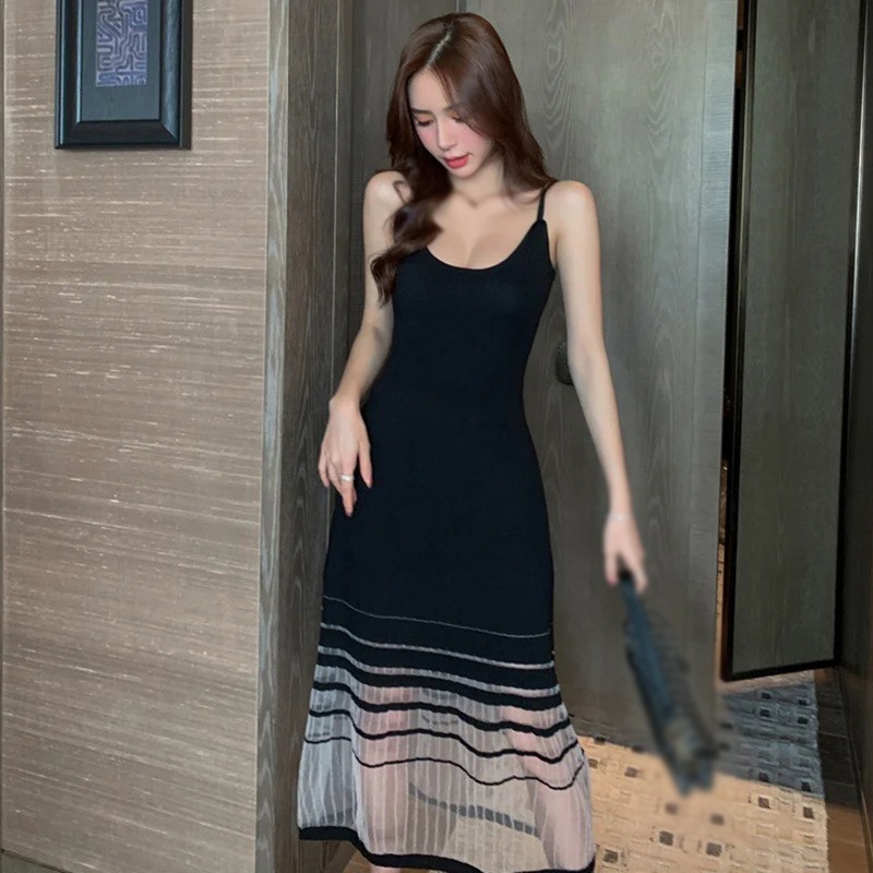 Đầm Dệt Kim Sát Nách Phối Lưới Thời Trang Mùa Hè Cho Nữ