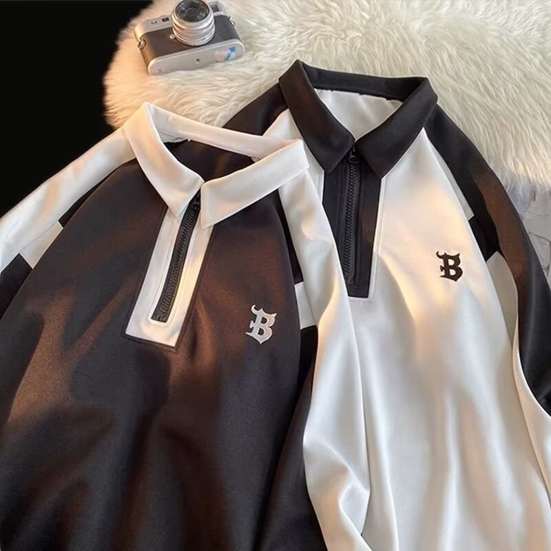 Áo sweater polo Dáng Rộng Màu Tương Phản Phong Cách Đường Phố Mỹ Thời Trang Cho Nam