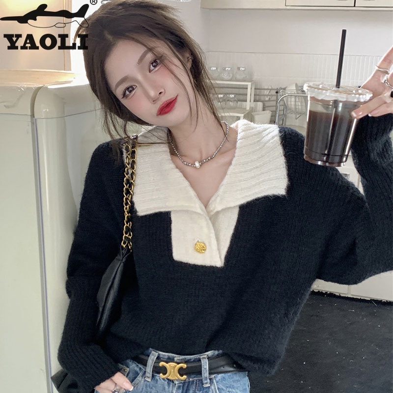 YAOLI  Áo sweater Chui Đầu Màu Đen Phối Màu Tương Phản Thời Trang Pháp Cao Cấp Cho Nữ