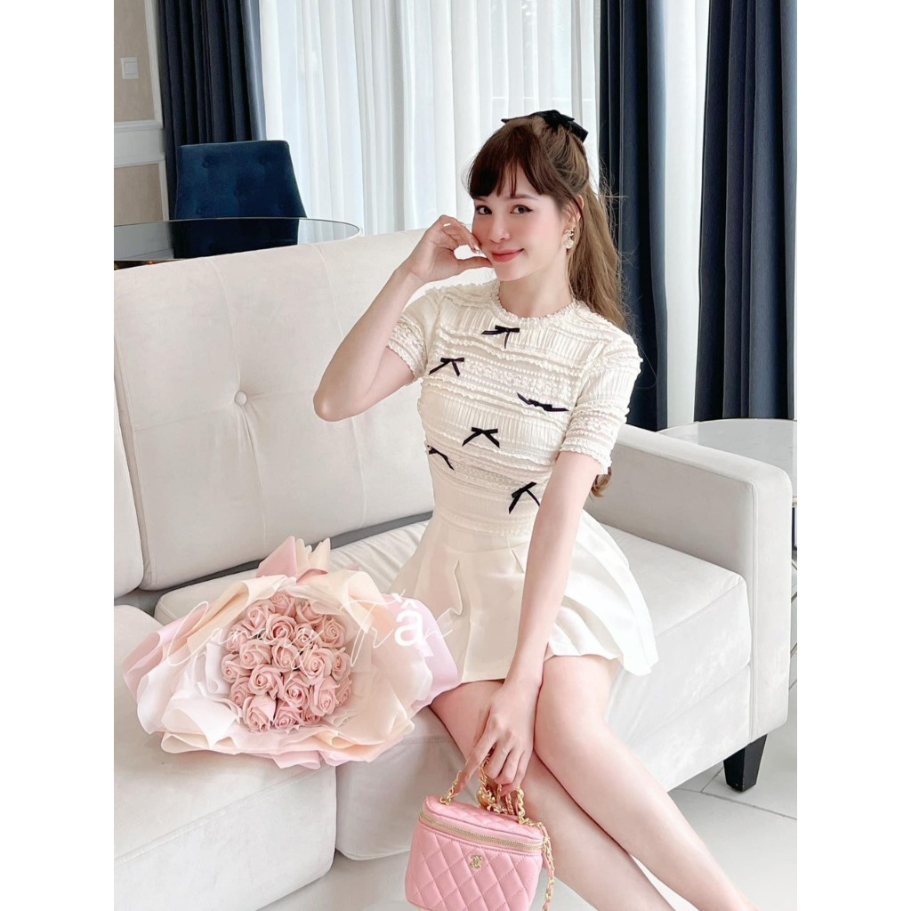 Set Áo Chất Xốp Đính Nơ Kèm Chân Váy Voan set 3 màu KÈM ẢNH THẬT