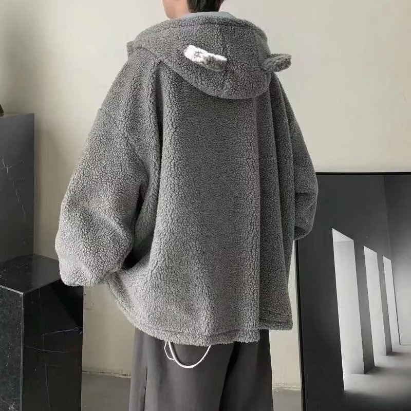 Áo Khoác Lông Cừu Có Mũ Trùm Dáng Rộng Phong Cách retro Đường Phố Dành Cho Nam Giới