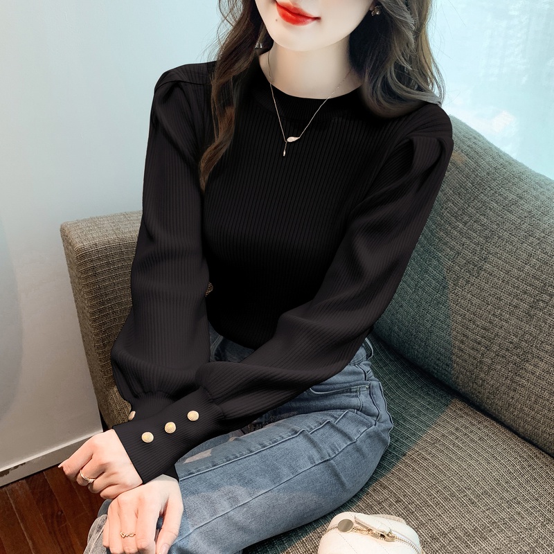 Áo Dệt Kim Tay Phồng Dáng Ôm Thời Trang Thu Đông Phong Cách Mới Cho Nữ