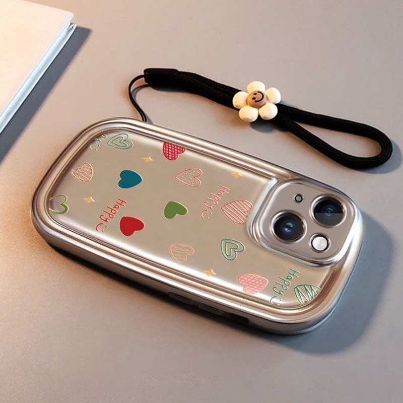 Ốp Điện Thoại Dẻo Màu Đen In Hình Hoa / Trái Tim / oval Có Dây Đeo Cho iphone 15 pro max 14 13 12 11 pro max xr ix
