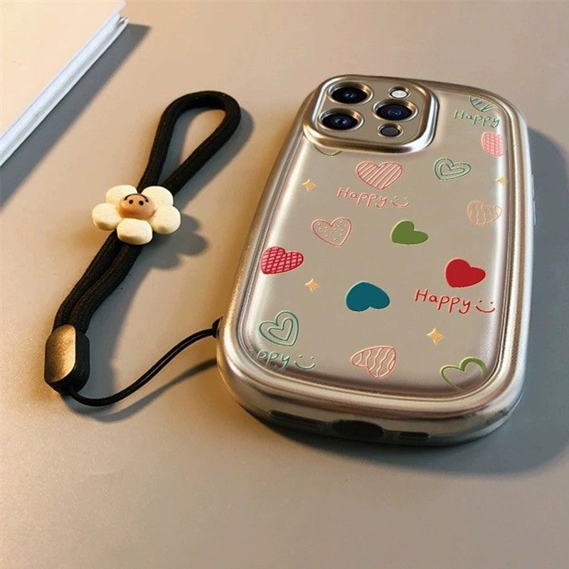 Ốp Điện Thoại Dẻo Màu Đen In Hình Hoa / Trái Tim / oval Có Dây Đeo Cho iphone 15 pro max 14 13 12 11 pro max xr ix