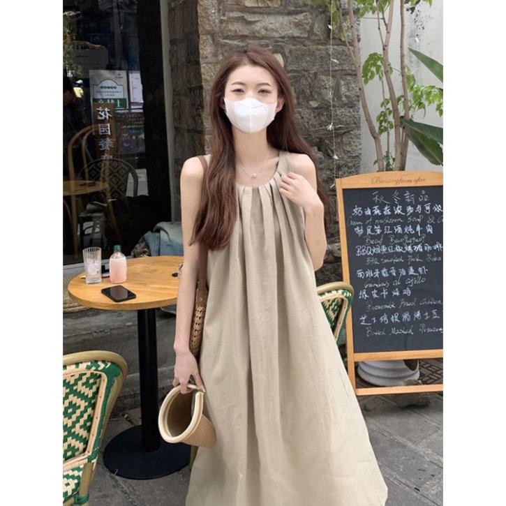 Váy Đầm Xuông Xếp Ly Dáng Dài Không Tay Form Rộng Cao Cấp - Đầm Dài Màu Be Dáng Rộng V25