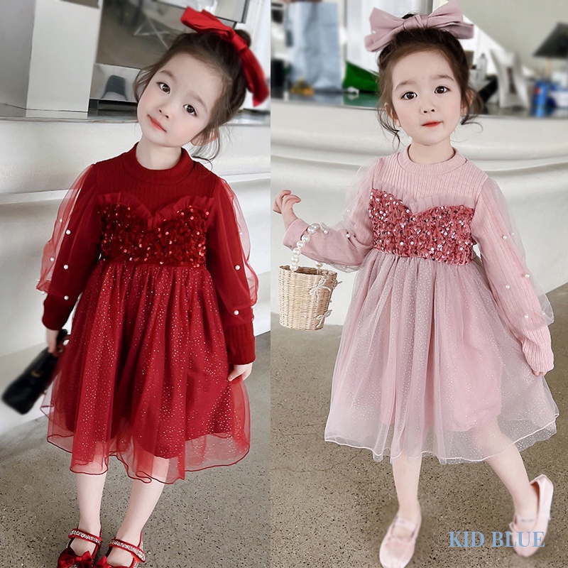Đầm Tay Dài Phối Lưới Đính Ngọc Trai Thời Trang Mùa Thu Cho Bé Gái