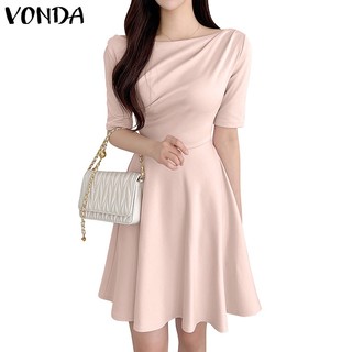 Đầm Tay Ngắn Cổ Tròn Màu Sắc Trơn Phong Cách Hàn Quốc Dành Cho Nữ