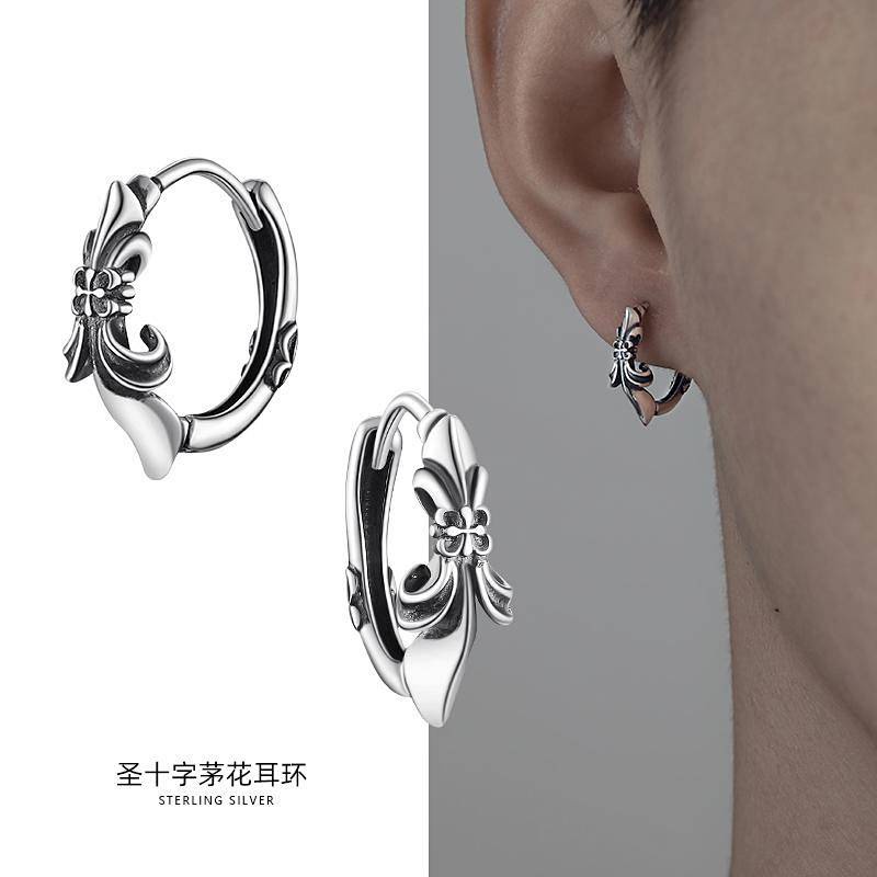 Sterling Silver Earrings Men's High-Grade Retro Cruciate Flower Single Boy Ear Ring Hip Hop Style Not Allergic Trendy Men's Earrings 3YWn