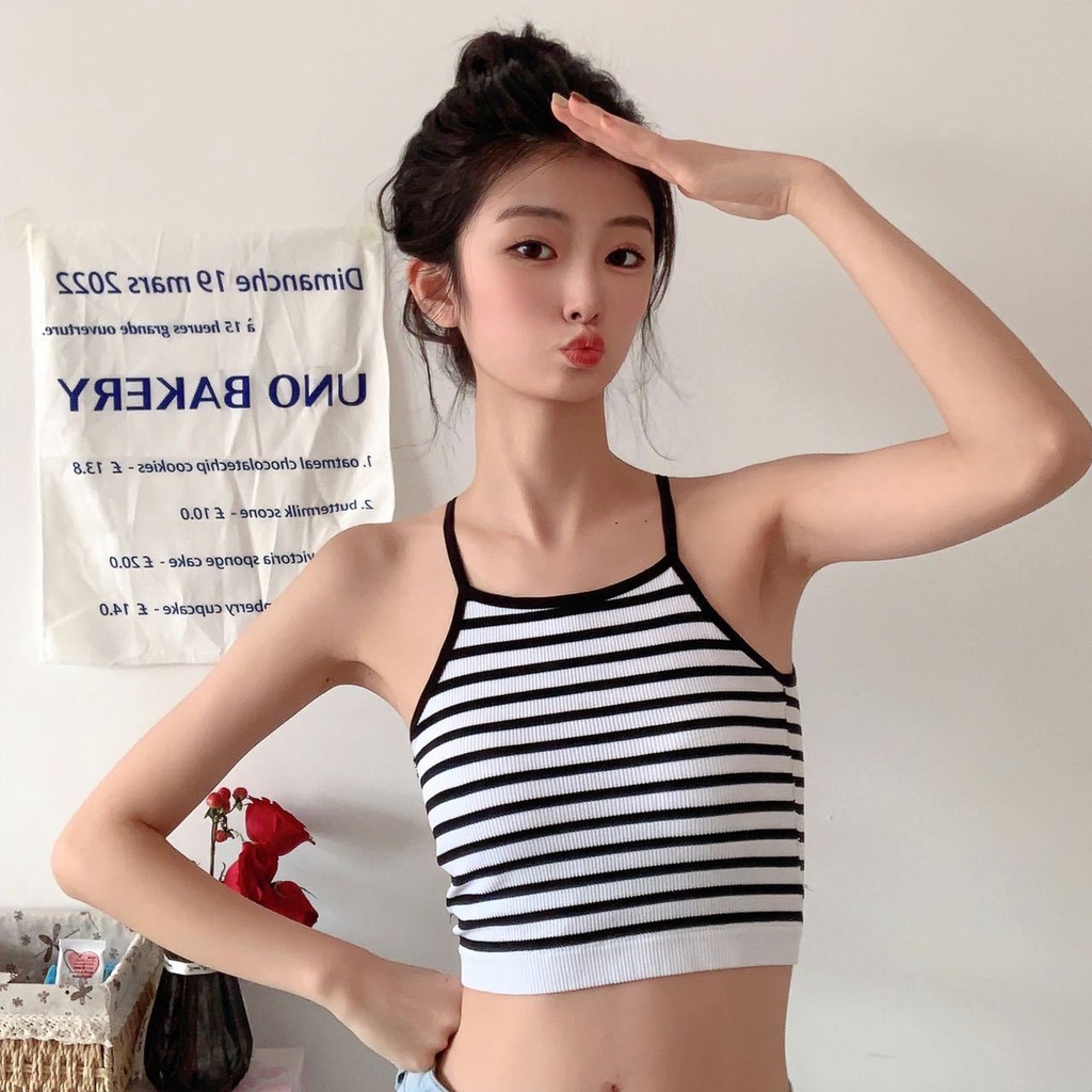 Áo Croptop Sát Nách Kẻ Sọc Ngang Màu Trơn Có Đệm Ngực Thời Trang Phong Cách Hàn Quốc Cho Nữ