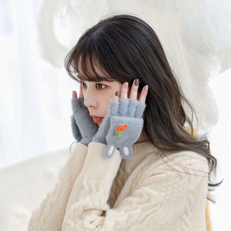 Hoạt Hình Găng Tay Lông Xù Dày Ấm Áp Hình Gấu / Thỏ Đáng Yêu Cho Nữ