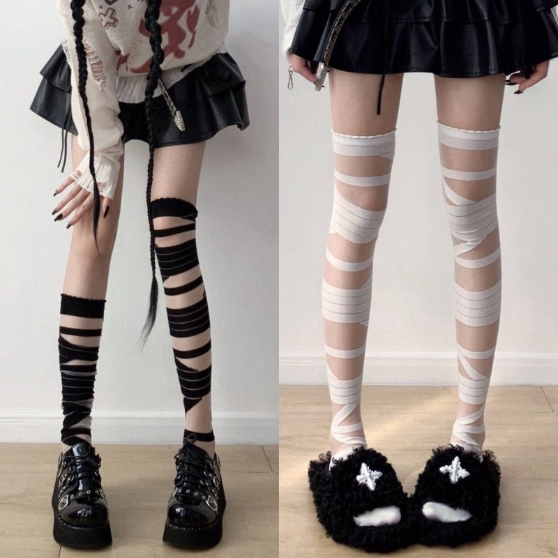 Japanese Lolita Black and White Bandage Stockings for Girls' New JK Uniform Cross Tie Long Tube Knee Length Stockings