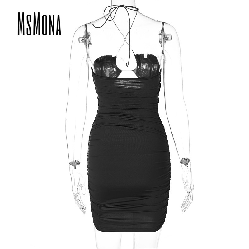 Msmona Đầm mini Hai Dây Hở Lưng Màu Trơn Dáng Ôm Gợi Cảm Cho Nữ