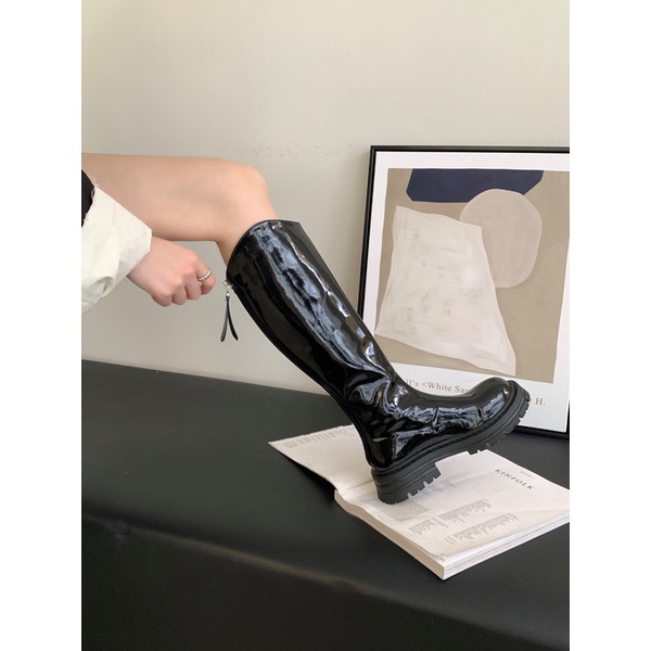 Bốt Da Bóng Đế Dày Mũi Tròn Phong Cách Hàn Quốc Thời Trang 2023 Cho Nữ