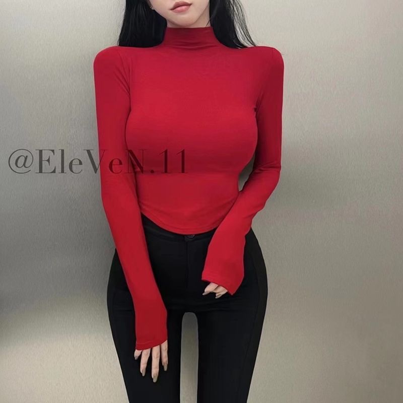 Áo Thun Tay Dài Cổ Cao Ôm Dáng Màu Sắc Đơn Giản Dành Cho Nữ