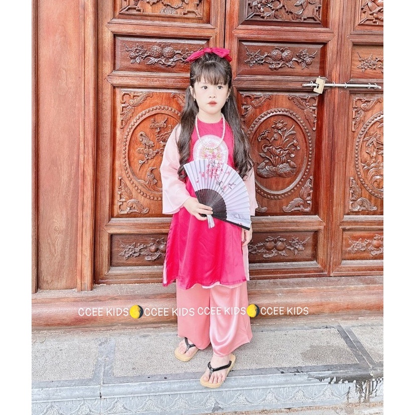 Set áo dài cách tân bé gái đình đám cho gái diệu hình thêu hoa xinh iuu