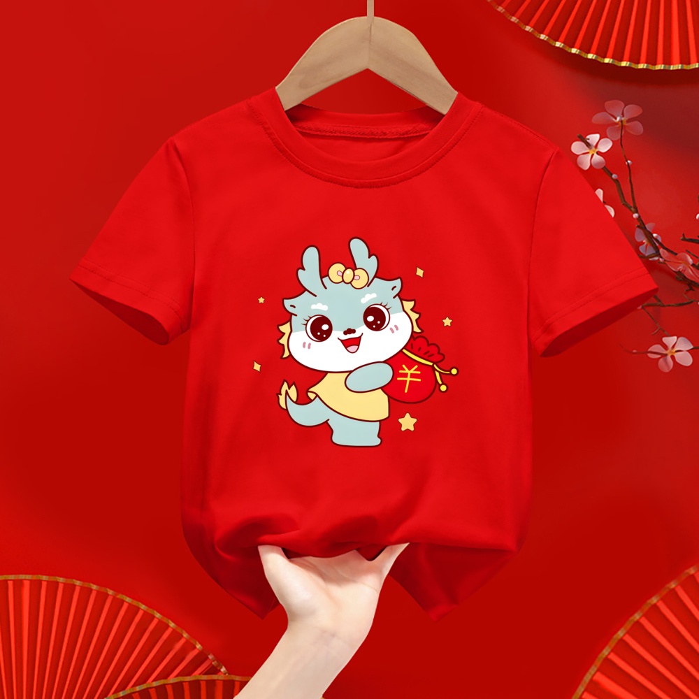 2024 Năm Rồng Áo Sơ Mi Bé Gái Bé Trai CNY Áo Thun 1-12 Tuổi Hoạt Hình Trẻ Em Áo Đỏ Thường Ngày Áo Sơ Mi Năm Mới
