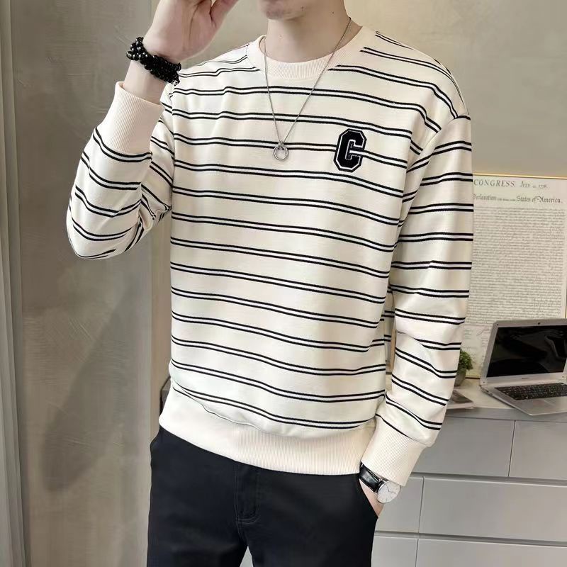 Áo Thun Nỉ Tay Dài Cổ Tròn Họa Tiết Kẻ Sọc Thời Trang Thu Đông Hàn Quốc Cho Nam