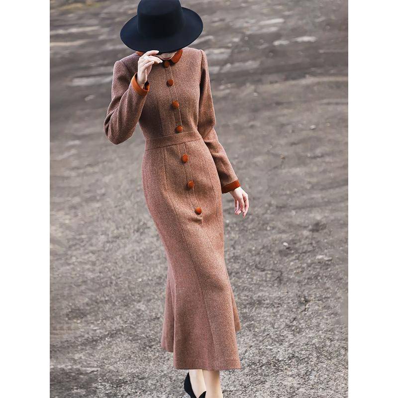 Áo Cổ Búp Bê Chắp Vá Màu Sắc Tương Phản Cao Cấp Phong Cách retro Mùa Thu Đông Mới