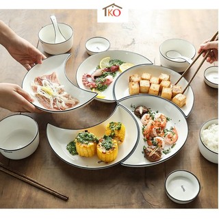 Đĩa bán nguyệt ghép xếp hình cánh hoa bày bàn ăn món cỗ bàn tiệc 5 món