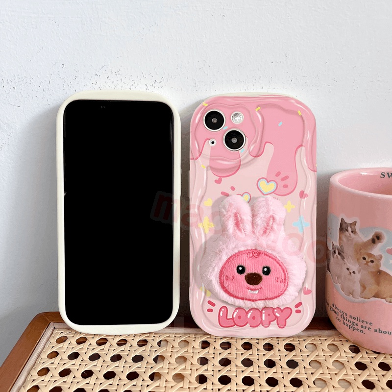 Ốp lưng Cartoon for iPhone 15 14 Pro Max 13 12 11 ProMax X XS XR 7 8 6 6S Plus SE 2020 Cute Rabbit beaver Plush Loopy Stand Fine hole Wavy Cream Edge Airbag Shockproof Soft Phone Case NY 68