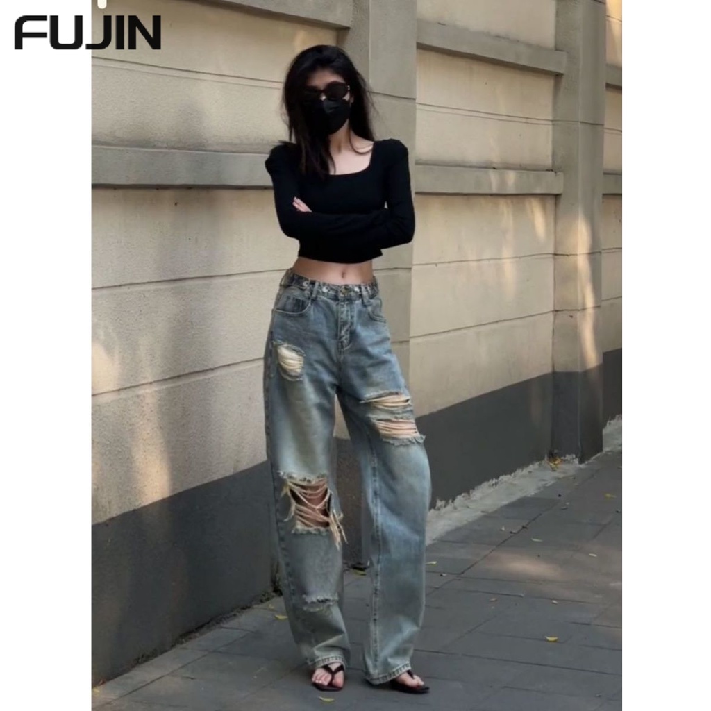 FUJIN quần ống rộng quần nữ jean Korean Minimalist Vintage phổ biến WNK23B0GNK 45Z231109