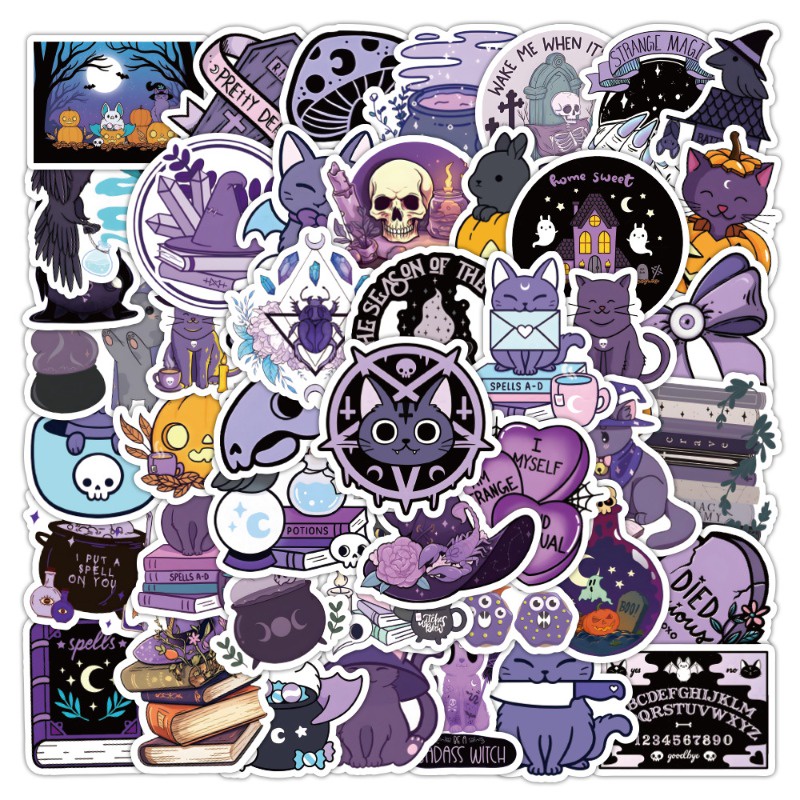Z & m ❀ Hình Dán Mèo Ma Thuật Màu Tím ❀ Bộ 50 Miếng Dán Chống Thấm Nước Độc Đáo