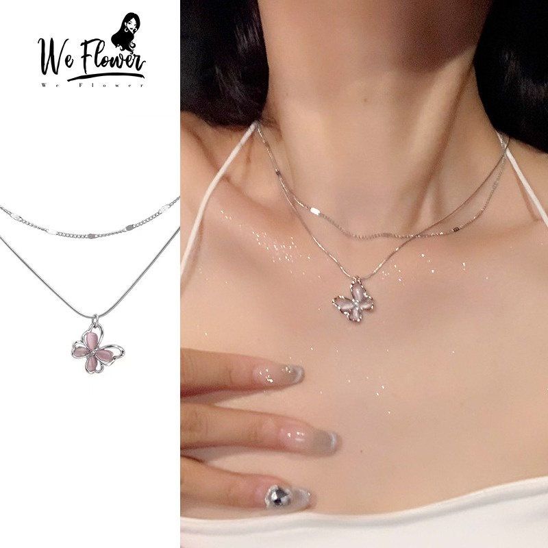 We flower Vòng cổ Hai Lớp Mặt Hình Bướm Màu Hồng Đính Đá opal y2k Thời Trang Cho Nữ