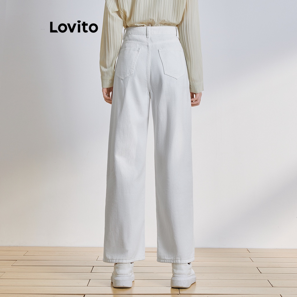 Quần jean giặt Lovito phối khóa kéo cài nút màu trơn thanh lịch cho nữ L65ED093