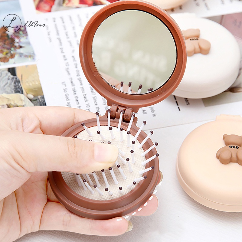 Luimo Lược Chải Tóc mini Hình Gấu Hoạt Hình Dễ Thương Có Gương Mát Xa Nhỏ Gọn Cho Bé Gái * Hàng Bán Chạy