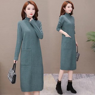 Đầm sweater Cổ Cao Dáng Dài Qua Gối Màu Sắc Đơn Giản Thời Trang Xuân Thu Xinh Xắn Cho Nữ