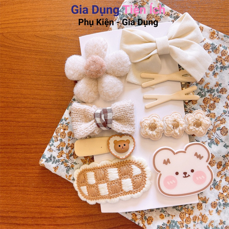 Bộ Kẹp Tóc Đính Nơ Họa Tiết Gấu Hoạt Hình Phong Cách Hàn Quốc Dễ Thương Cho Bé Gái