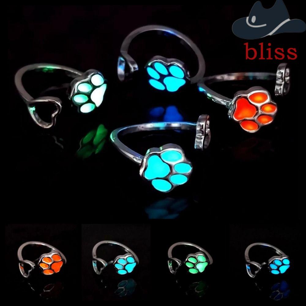 Bliss Nhẫn Bạc Dạ Quang Hở Hình Dấu Chân Chó Mèo Tinh Tế Phát Sáng Tinh Tế