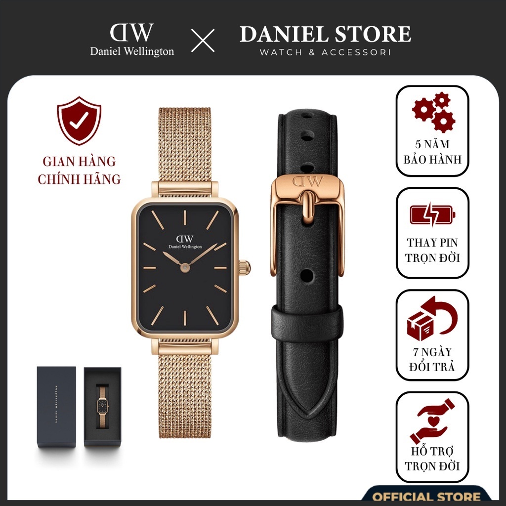 Đồng Hồ Nữ Daniel Welington Quadro Pressed Melrose Black & Dây Da Sheffield Chính Hãng - DANIELSGWATCH.