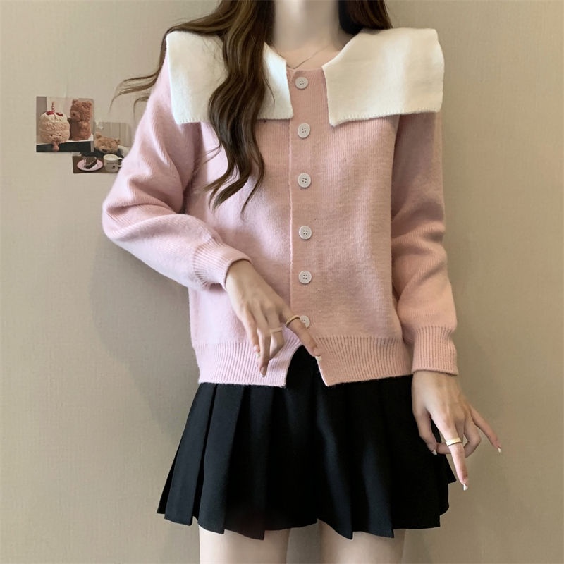 Áo sweater Cổ Hải Quân Tay Dài Dáng Rộng Phối Màu Tương Phản Thời Trang Thu Đông Cho Nữ