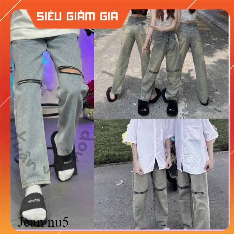 Quần vải bò jean ống rộng suông xuông nữ jeans cạp cao thêu khóa gối