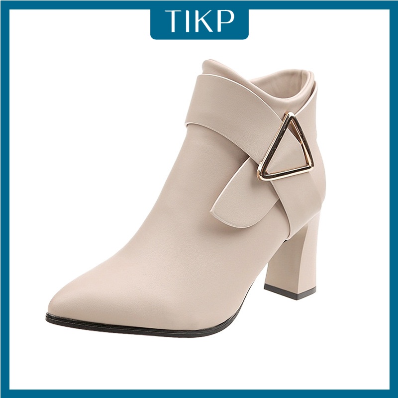 Giày Bốt Cao Gót Mũi Nhọn Có Khóa Kéo Kim Loại Trang Trí Mới Cho Nữ