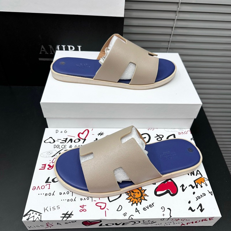 Dép lê nam quai ngang HM da Pu hình chữ H trơn sần đế phíp gỗ vàng nổi logo chữ ngựa boy phố DL41P